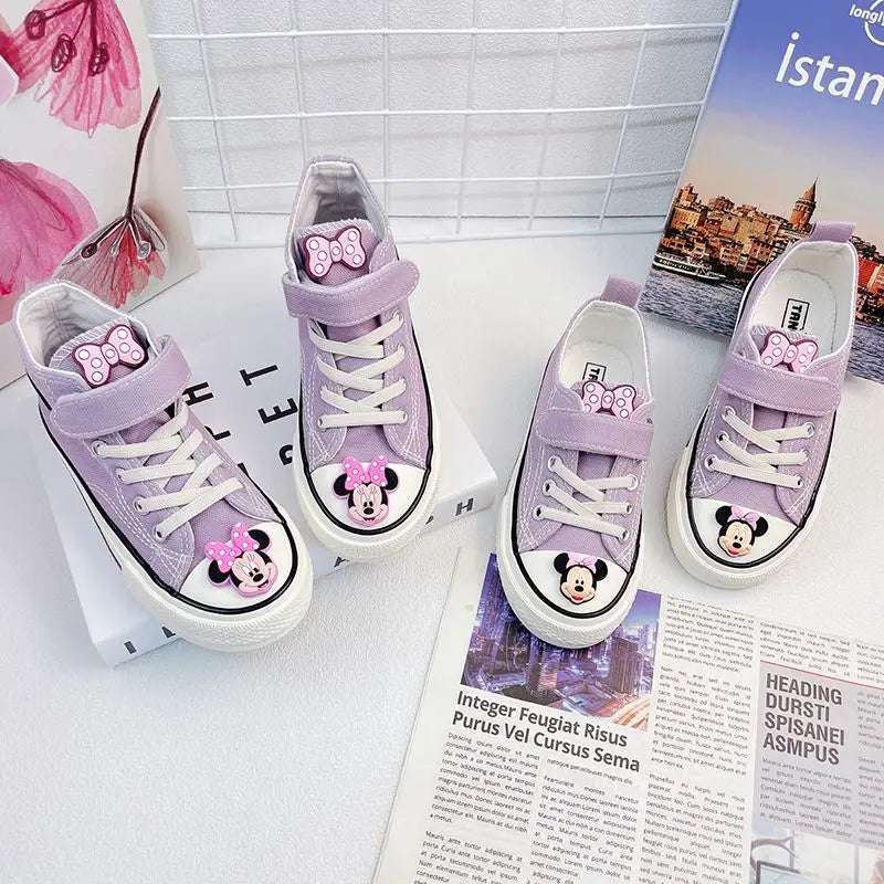 Disney Girls' Canvas Casual Shoes Soft Sole High Top Cartoon Mickey Mouse Minnie Purple White Breathable Shoes Flats Size 24-37