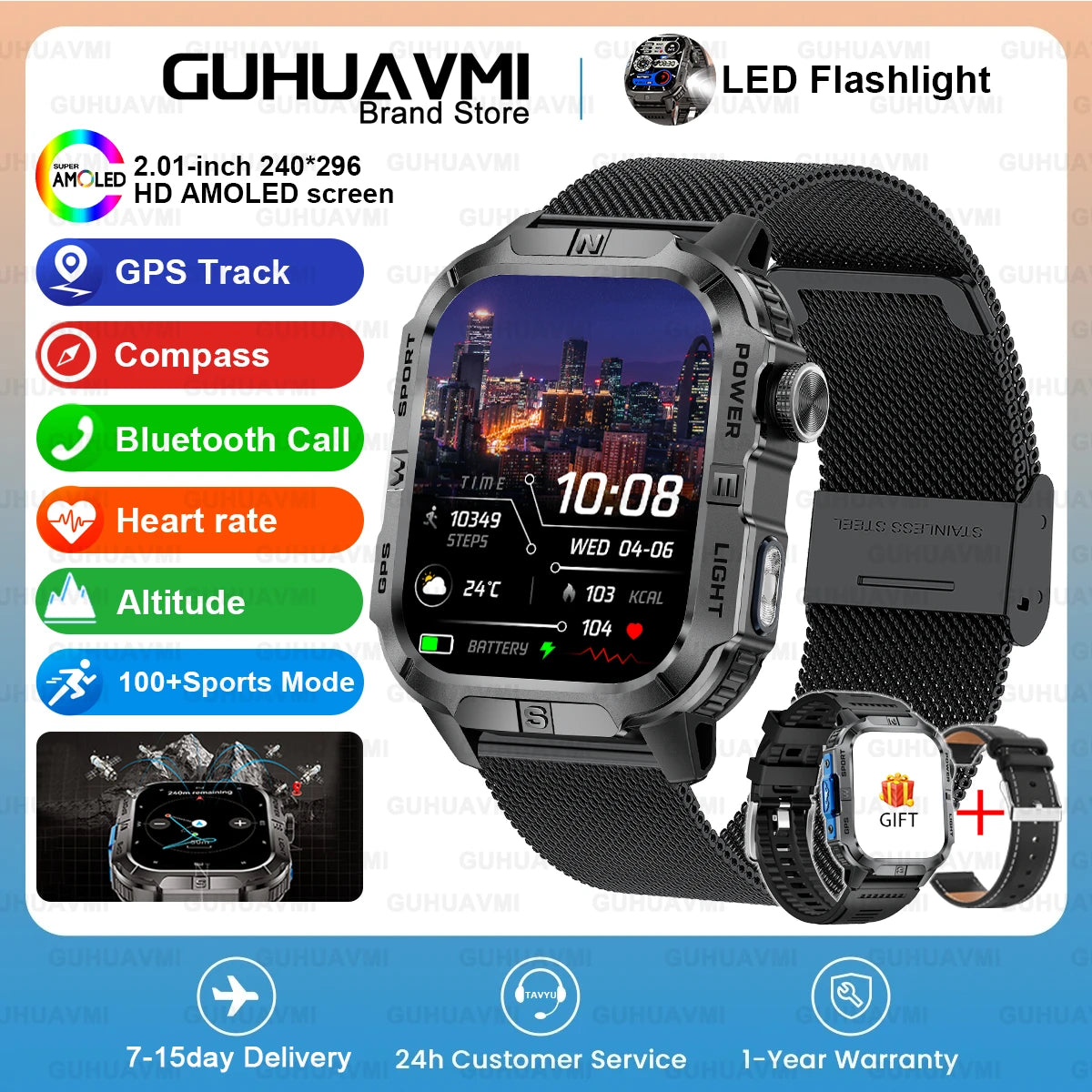 New Dual-Band Satellite GPS Smart Watch Men 2.01'' HD Screen Compass Military Flashlight Watches Waterproof Swim Smart Bracelet