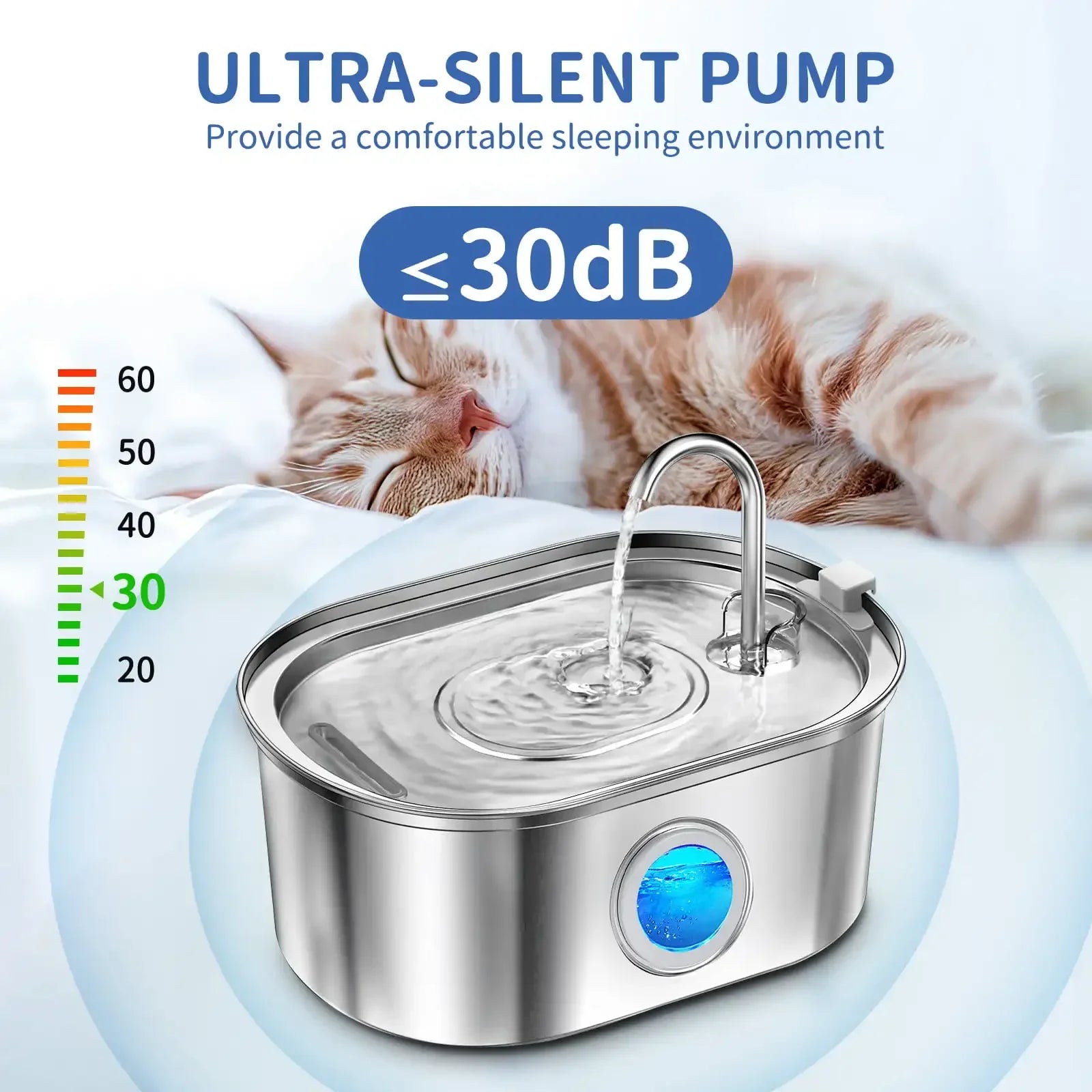 Cat Water Fountain, 3.2L/108oz Stainless Steel Dog Water Fountain, Pet drinking fountain, dishwasher safe, with triple filtration, quiet pump, and visible water window for cats and small pets