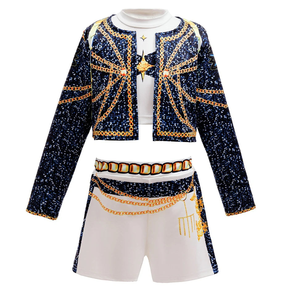 Kids K-Pop girls cosplay costume set featuring Rummi and Zoe outfits for ages 2 to 12, by I YAN, with colorful character designs.