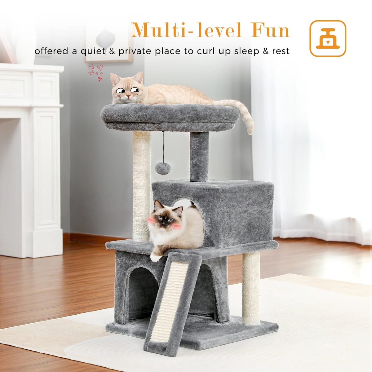 Multilevel I YAN cat tree with double condos, spacious perch, sisal scratching post, and replaceable balls for active cats.
