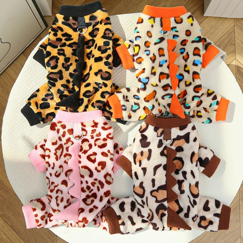 Leopard Dinosaur Dog Pajamas – Warm Fleece Jumpsuit for Small Dogs