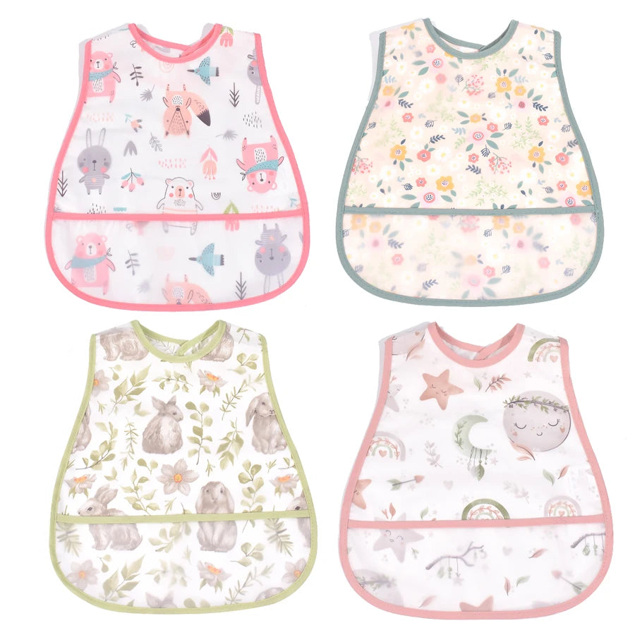 4Pcs/Set Cute Cartoon Pattern EVA Baby Bibs Adjustable Dirt Proof Waterproof Baby Bibs Big Pocket Burp Cloths for Girls Boys