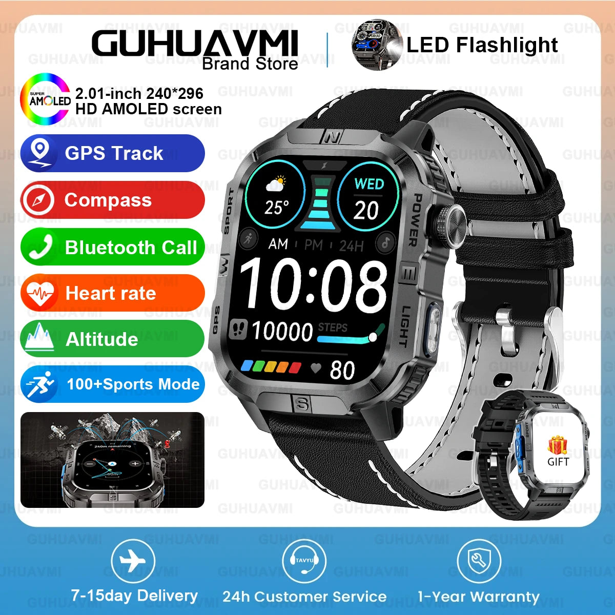 New Dual-Band Satellite GPS Smart Watch Men 2.01'' HD Screen Compass Military Flashlight Watches Waterproof Swim Smart Bracelet