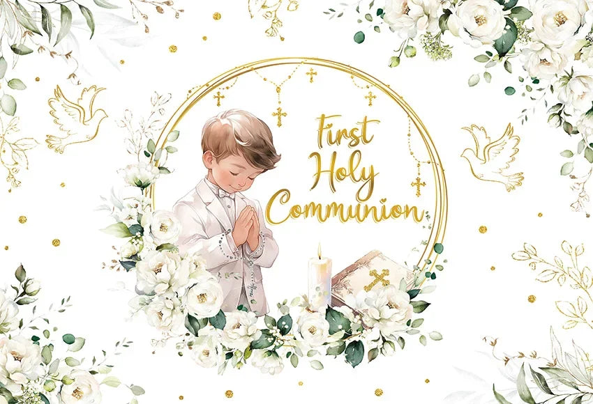 First Holy Communion Backdrop Gold Dots Flowers Gold Cross Boy or Girl My Baptism Party Decor Kids God Bless Photo Background