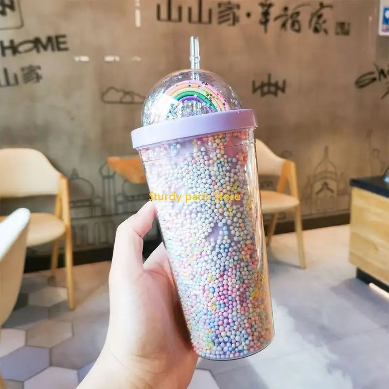 97QC 550ml Rainbow Plastic Water Bottle Double Layer Sequins Drinking Cup with Straw