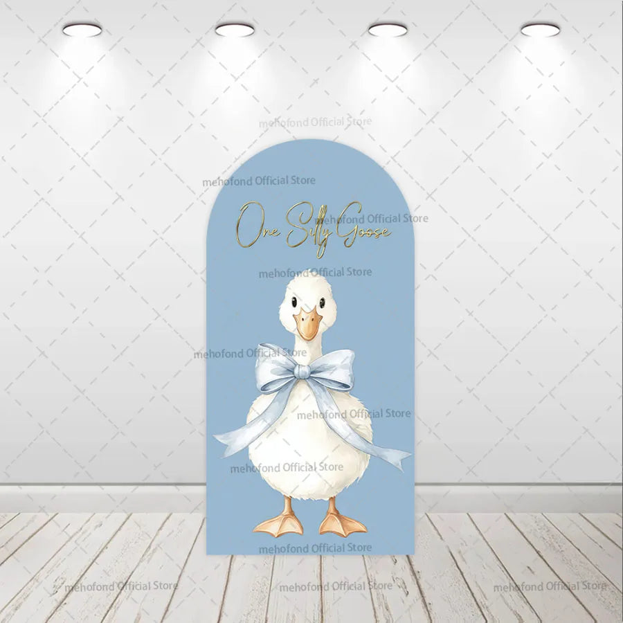 Mehofond Custom 2-Sided One Silly Goose Blue Plaid Kids Birthday Party Baby Shower Cover Chiara Arch Background Decor Backdrop