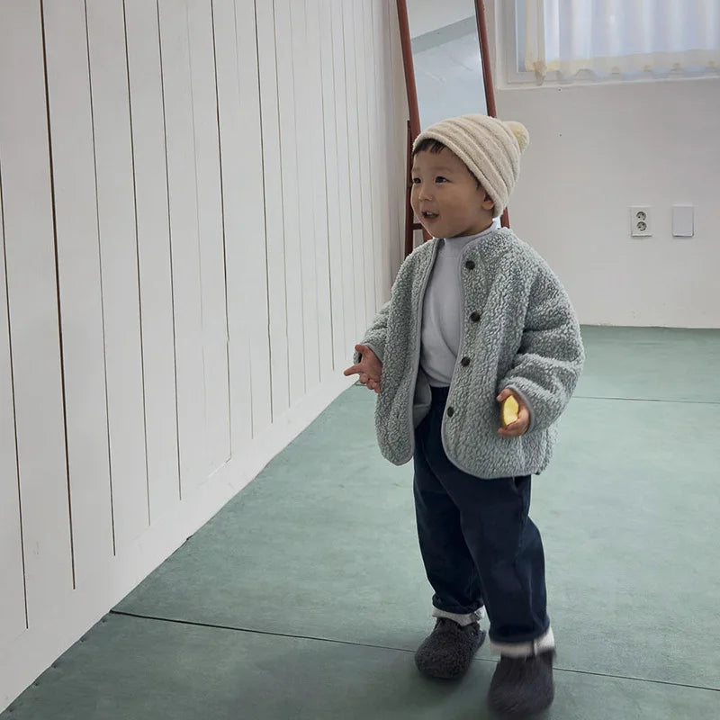 5125 Korean Children's Clothing 2024 Winter Boys and Girls Pure Color Lamb Wool Coat Plus Velvet Padded Jackets