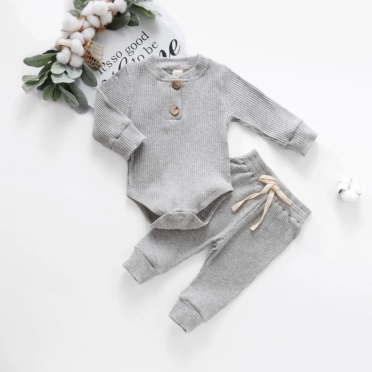 I YAN infant baby girl and boy spring autumn ribbed and plaid long-sleeve bodysuits with elastic pants, 2-piece clothing set.