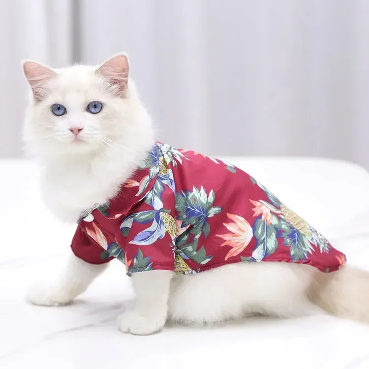Hawaiian style summer dog shirt for small and medium dogs, featuring colorful beach print, by I YAN for puppies, cats, pugs, and French Bulldogs.