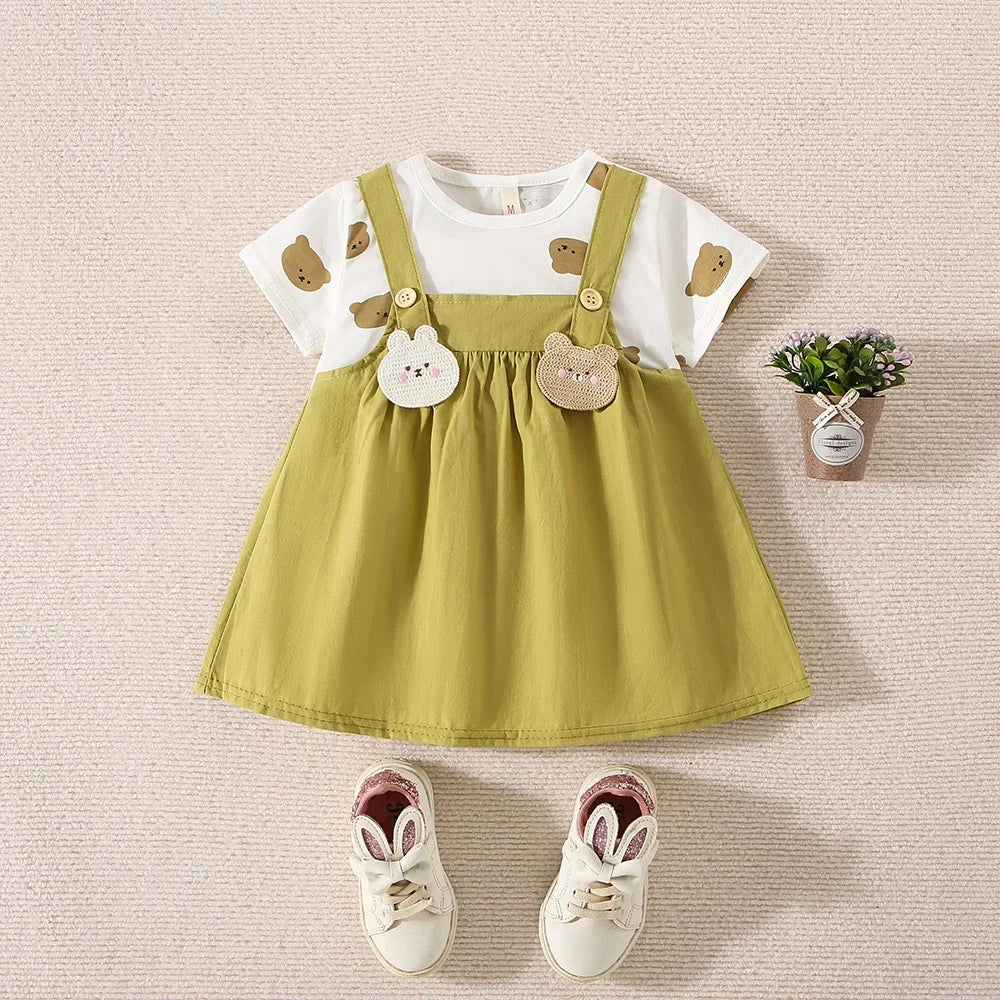 Summer baby girl cotton teddy bear printed short sleeve dress by I YAN, featuring a cute fake two-piece strap design for girls.