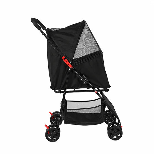 Lightweight I YAN pet stroller for small dogs and cats, foldable 4-wheel travel pet pram with storage basket.
