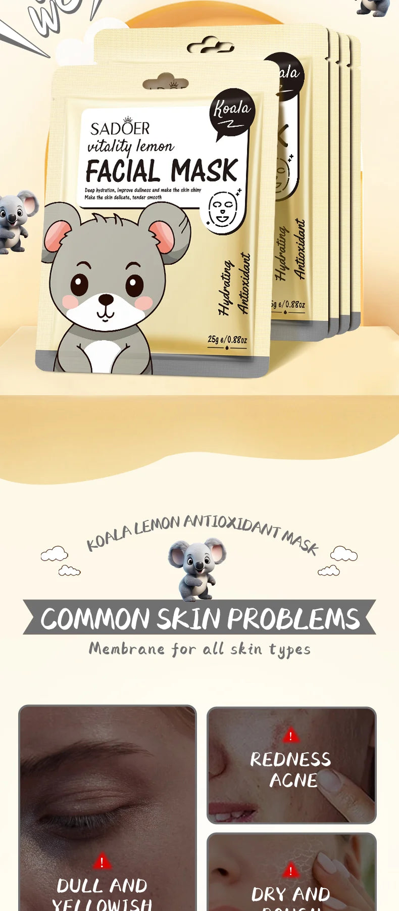 5pcs SADOER Cartoon Fresh Fruit Facial Masks Moisturizing Soothing Brightening Hydrating Face Mask for Facial Skin Care