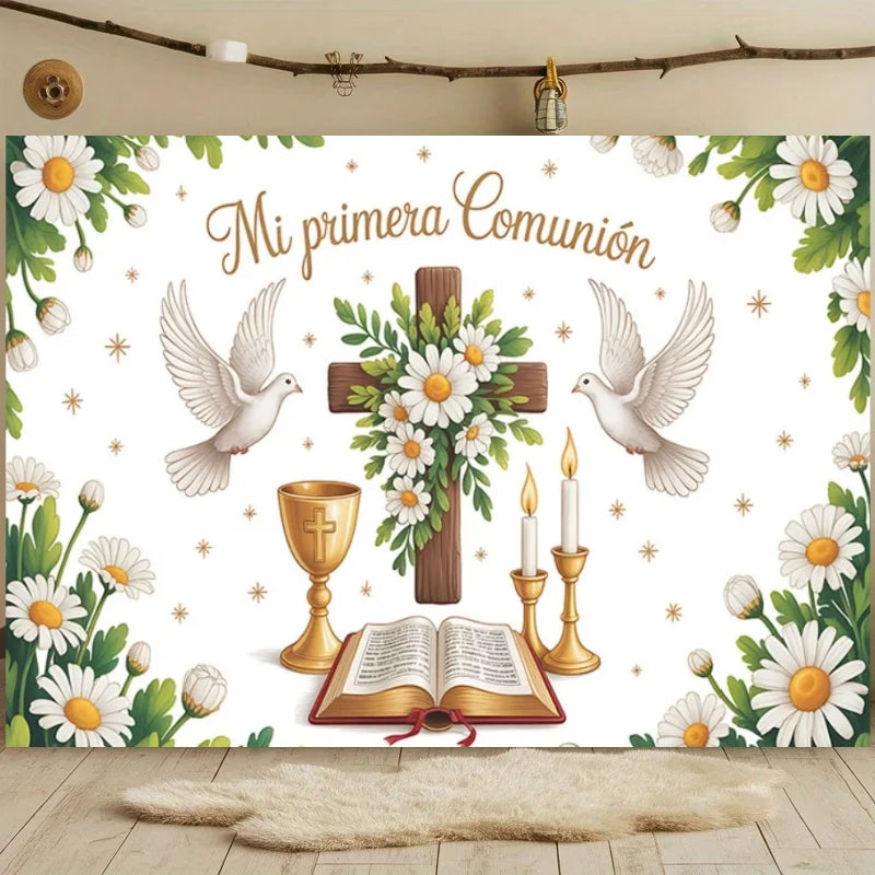 First Holy Communion Backdrop Flower Gold Cross Decor Boy Girl Baby Shower My Baptism Birthday Party Photography Background Prop
