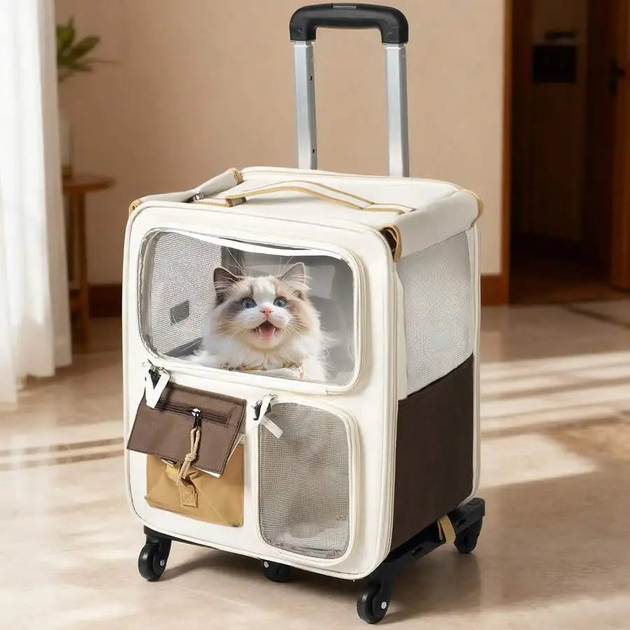 I YAN cats travel bag and small dog trolley suitcase with breathable mesh sides, ideal for walking, camping, and travel.