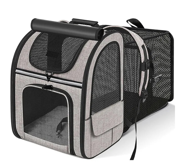 Expandable I YAN cat carrier backpack with shade cover and breathable mesh for travel with cats or small dogs.