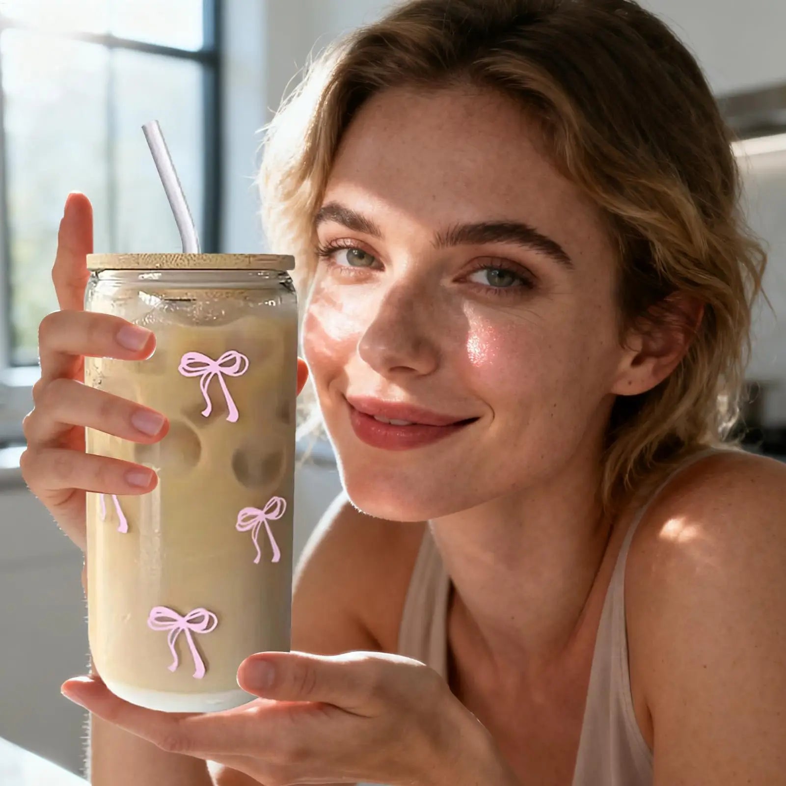 Bow Shape Glass Cup with Lid Straw 500ml Cute Aesthetic Drinkware Iced Coffee Tumbler Matcha Tea Bottle for Women Girls Gift