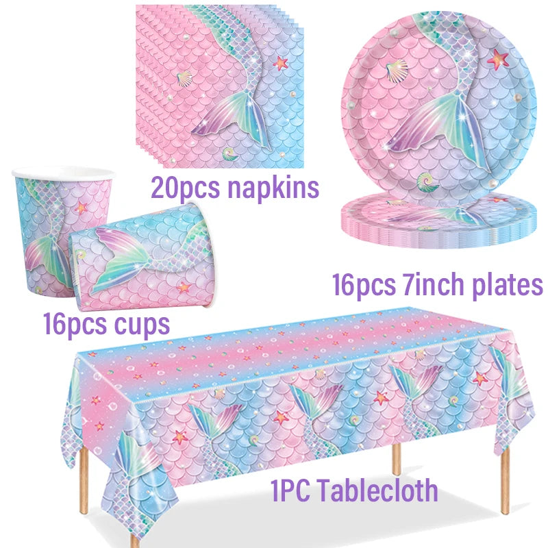 Mermaid Themed Party Disposable Tableware Little Mermaid Tail Paper Plates Cups Napkins Banner Birthday Party Decoration Supplie