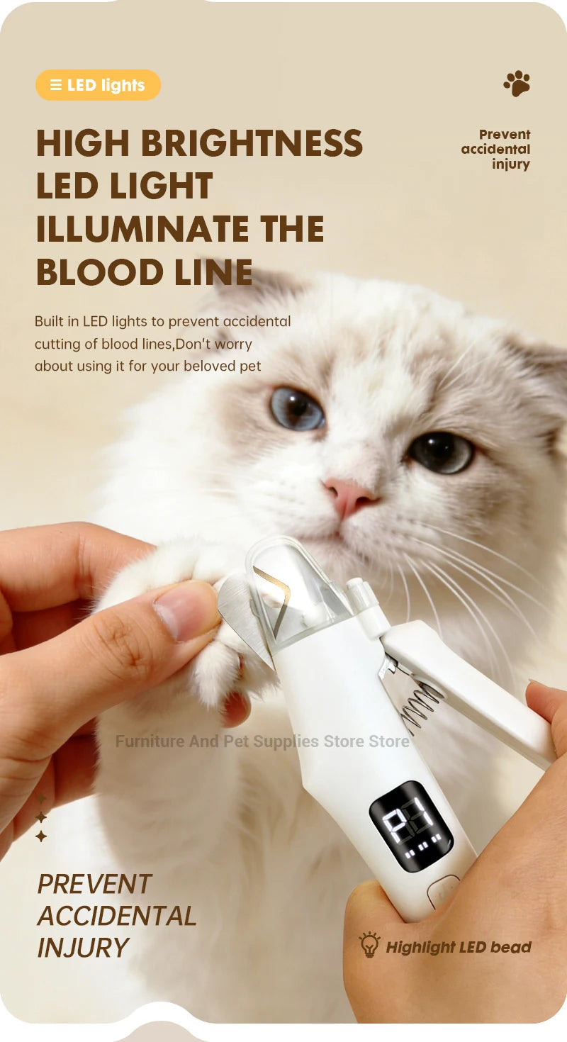 I YAN 2-in-1 electric pet nail trimmer with LED lights, showing a dog and cat nail grinder for small to large pets.