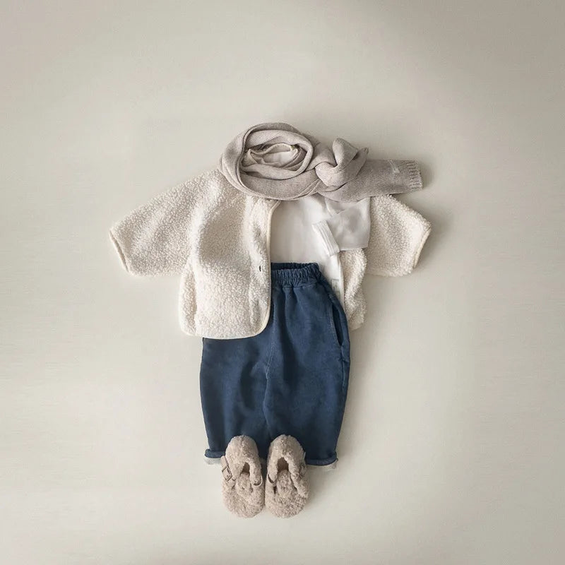 5125 Korean Children's Clothing 2024 Winter Boys and Girls Pure Color Lamb Wool Coat Plus Velvet Padded Jackets