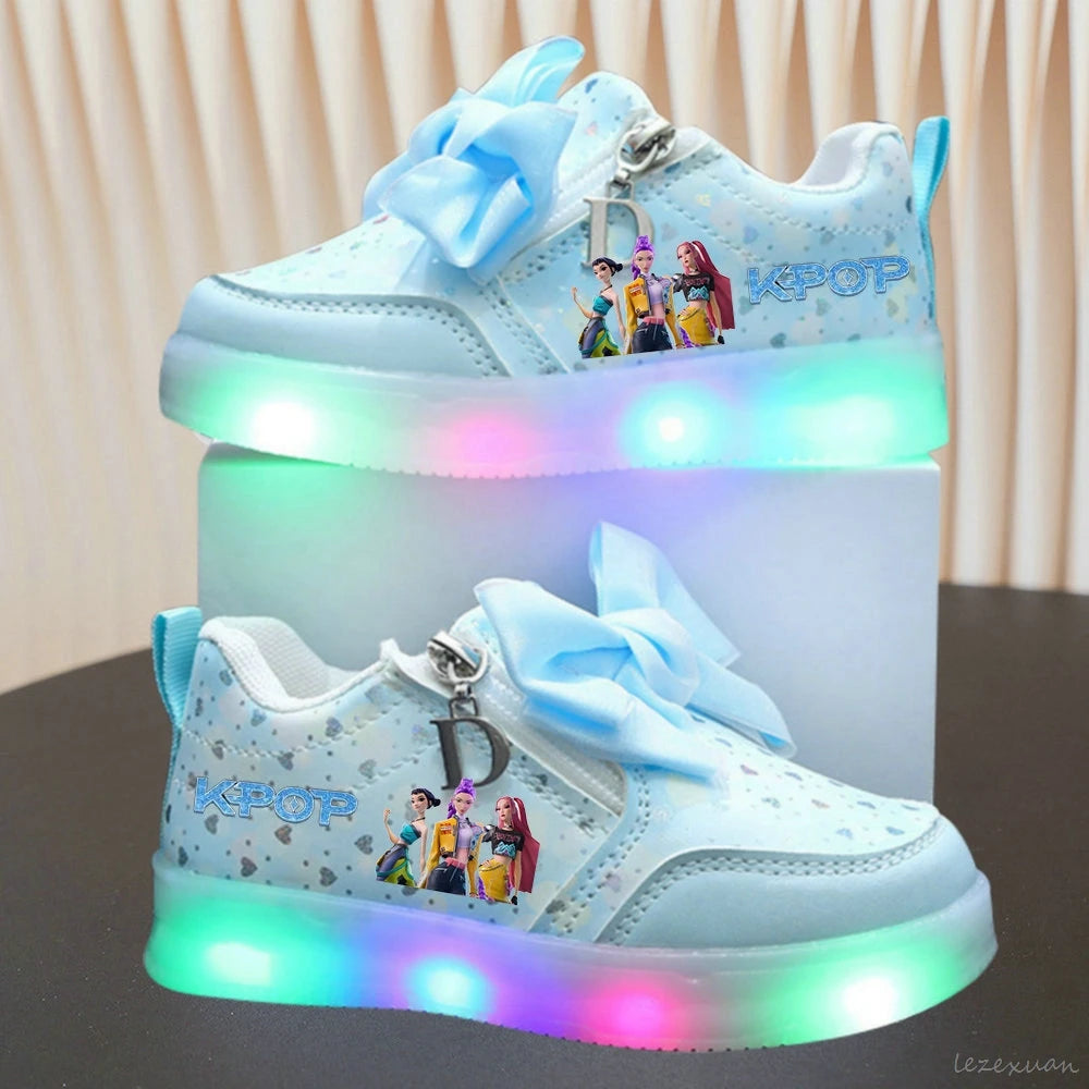 LED Casual Sneakers For Spring Girls KPop Demon Hunters Printed Mesh Breathable Shoes Children Lighted Non-slip Pink Purple