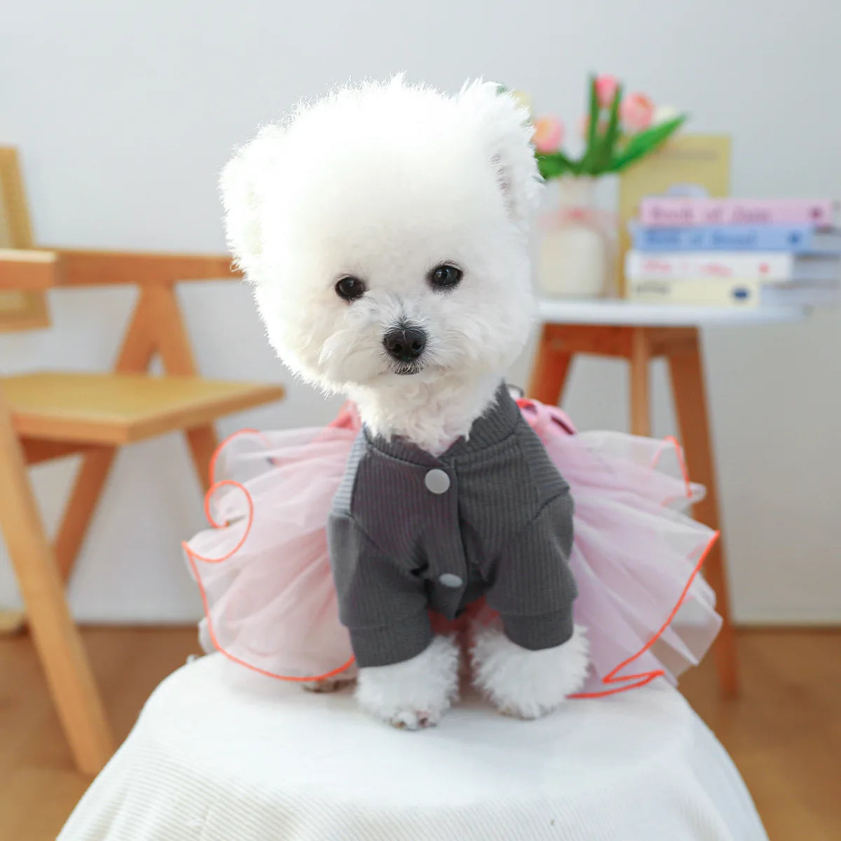 Yellow fancy bowtie pet dress for dogs and cats, I YAN luxury spring summer puppy one-piece apparel, perfect for Yorkshire Terrier.