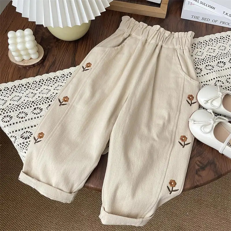 2026 Spring Children Casual Pants 2-6T Girls Flower Embroidery Cotton Trousers Kids Elastic Waist Outdoor Pants Baby Girl Cloth