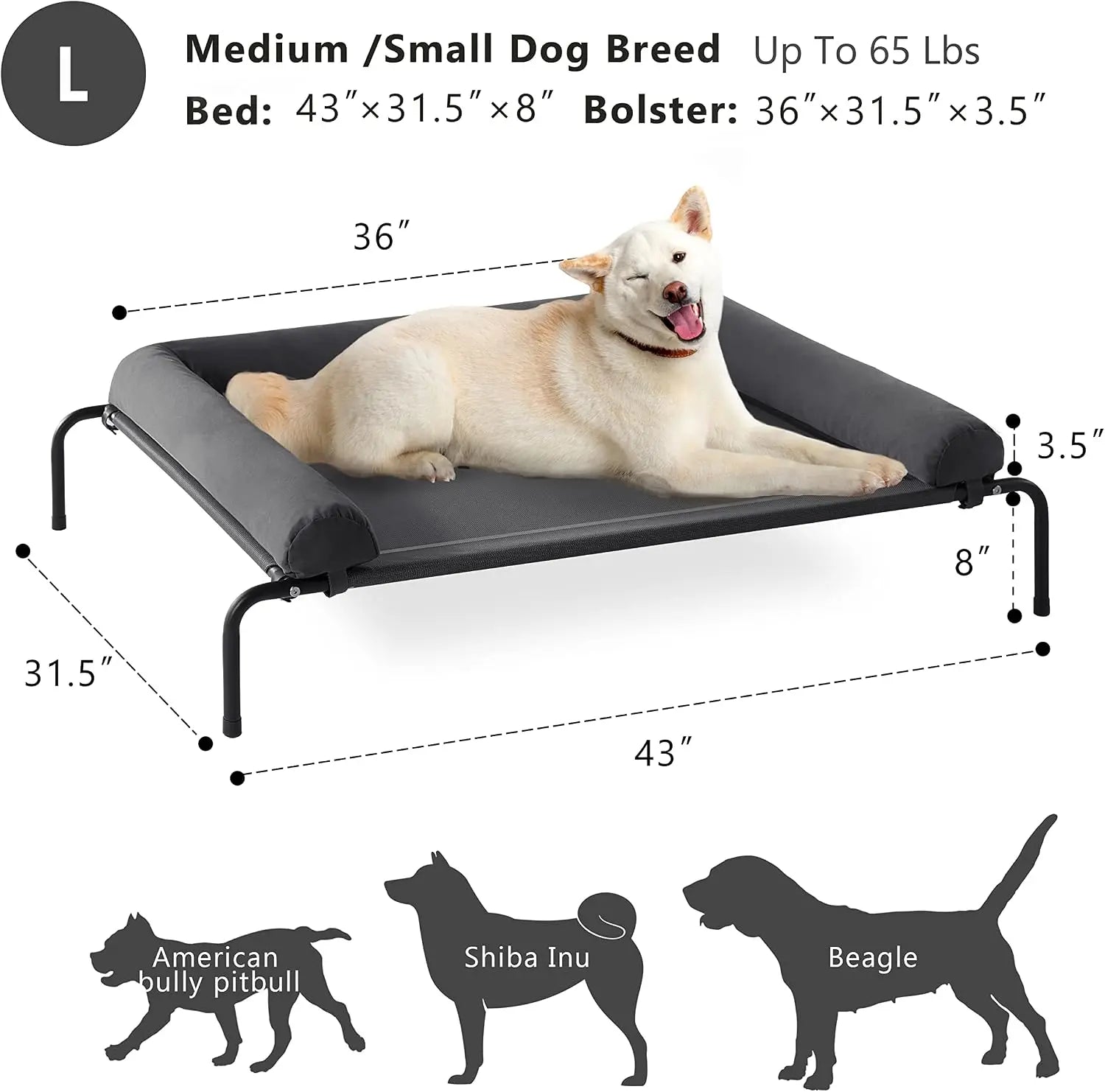 Elevated Cooling Dog Bed for Large Dogs, Portable Indoor Outdoor Raised Cot with Breathable Mesh, Chew Proof Pet Hammock, Removable Waterproof Bolsters