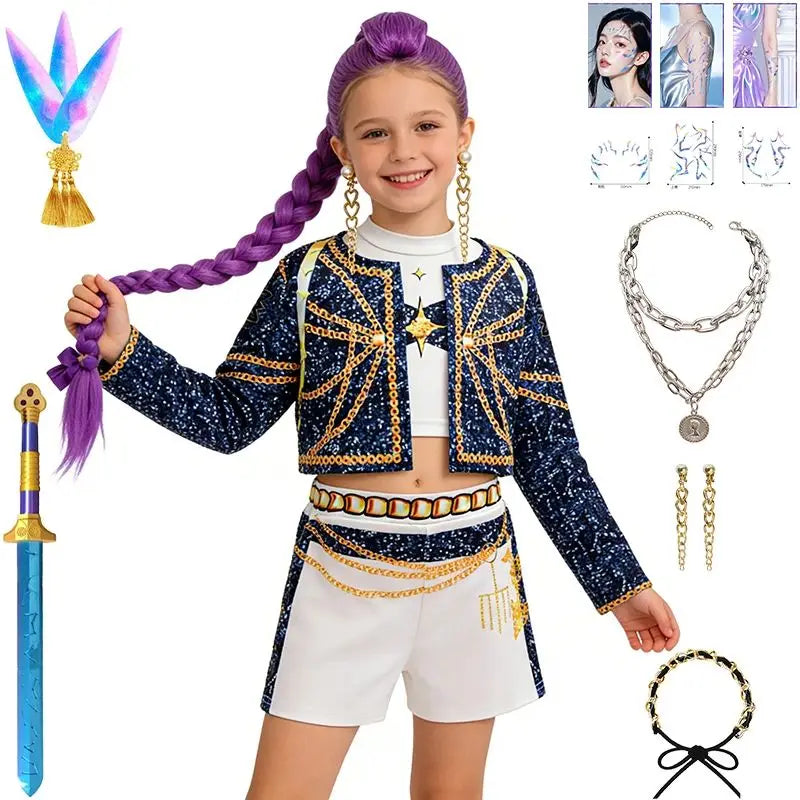 Kids K-Pop girls cosplay costume set featuring Rummi and Zoe characters, colorful and fun outfits for children ages 2 to 12.