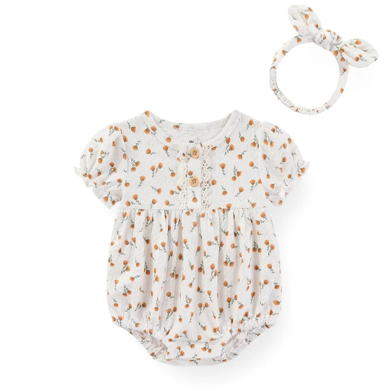 Baby Girl Clothes Sets Cotton Bodysuit +Headband Short Sleeve Newborn Baby Girl Jumpsuit Summer Solid Color 6-24Months Bebes