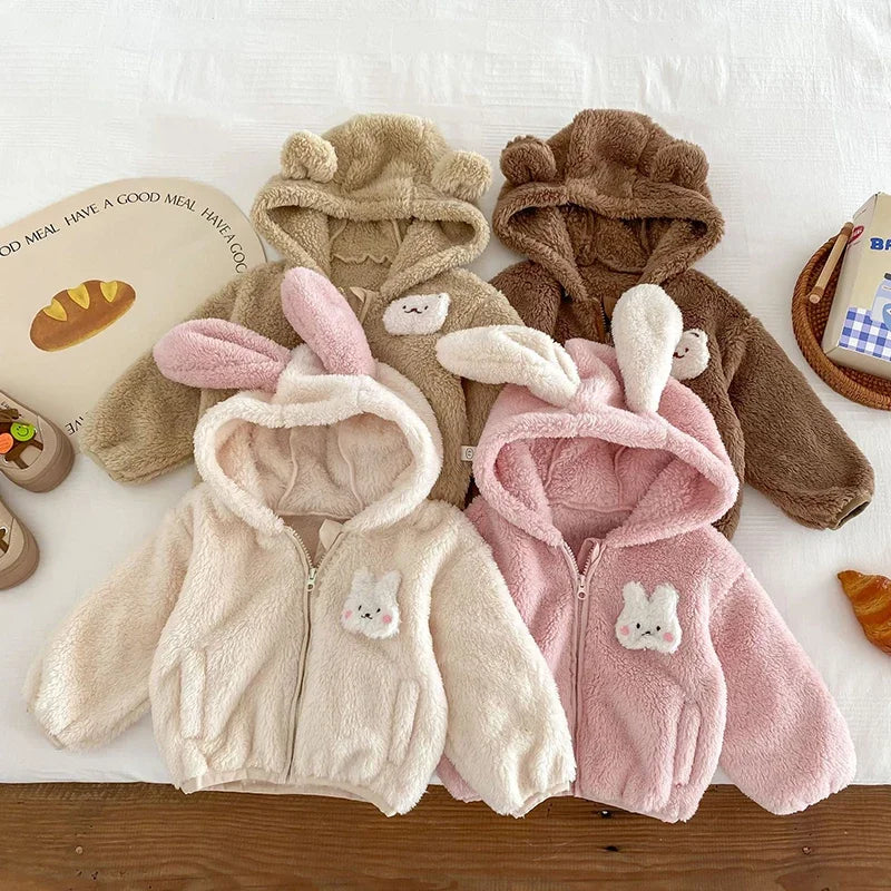 Plush Baby Girls Boys Jacket Spring Autumn Keep Warm Zipper Hooded Outerwear Cute Rabbit Bear Infant Coat 0-5 Years Kids Clothes