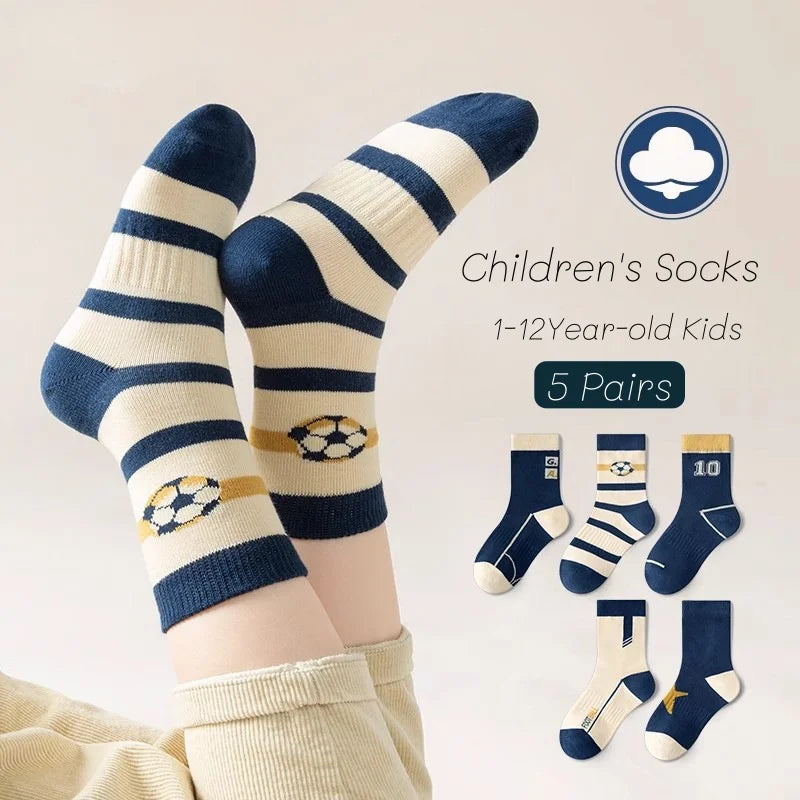 5 Pairs Children's' Socks Spring Autumn Cotton Socks Kids Striped Football Pattern Sock 1-14T Boys Mid-calf Length