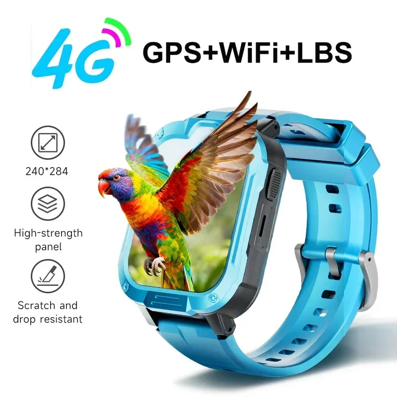 Kids smart watch by I YAN featuring 4G GPS, camera, video call, SOS, and voice monitor, with a colorful display and adjustable strap.