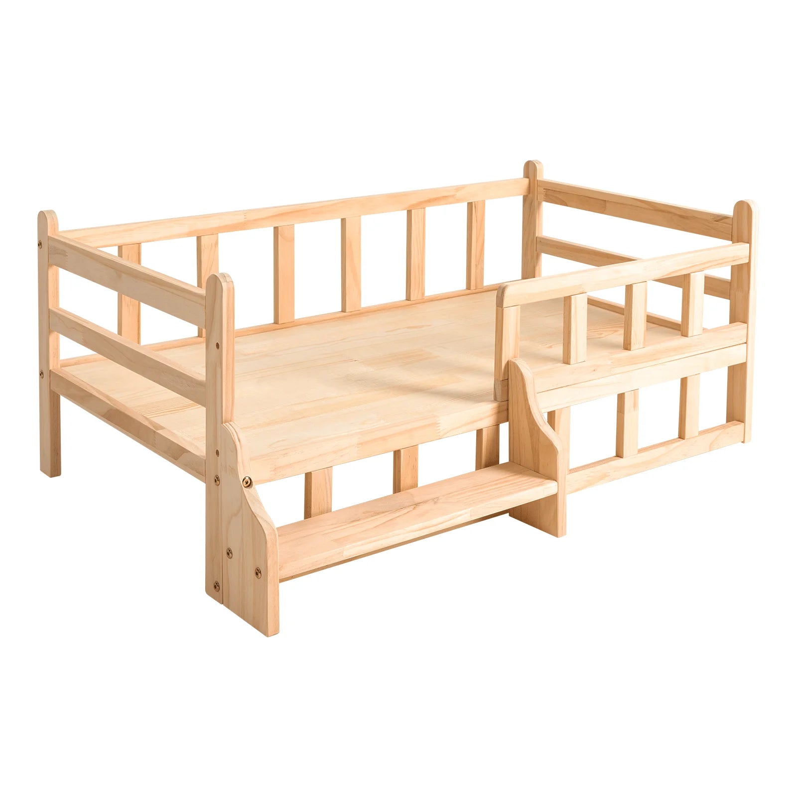Aohuada Solid Pine Wood Elevated Pet Bed With Rails & Stairs, 66LBS Load Raised Dog Cat Bed, Breathable Indoor Raised Pet Frame With Anti-Slip Pads For Large Pets