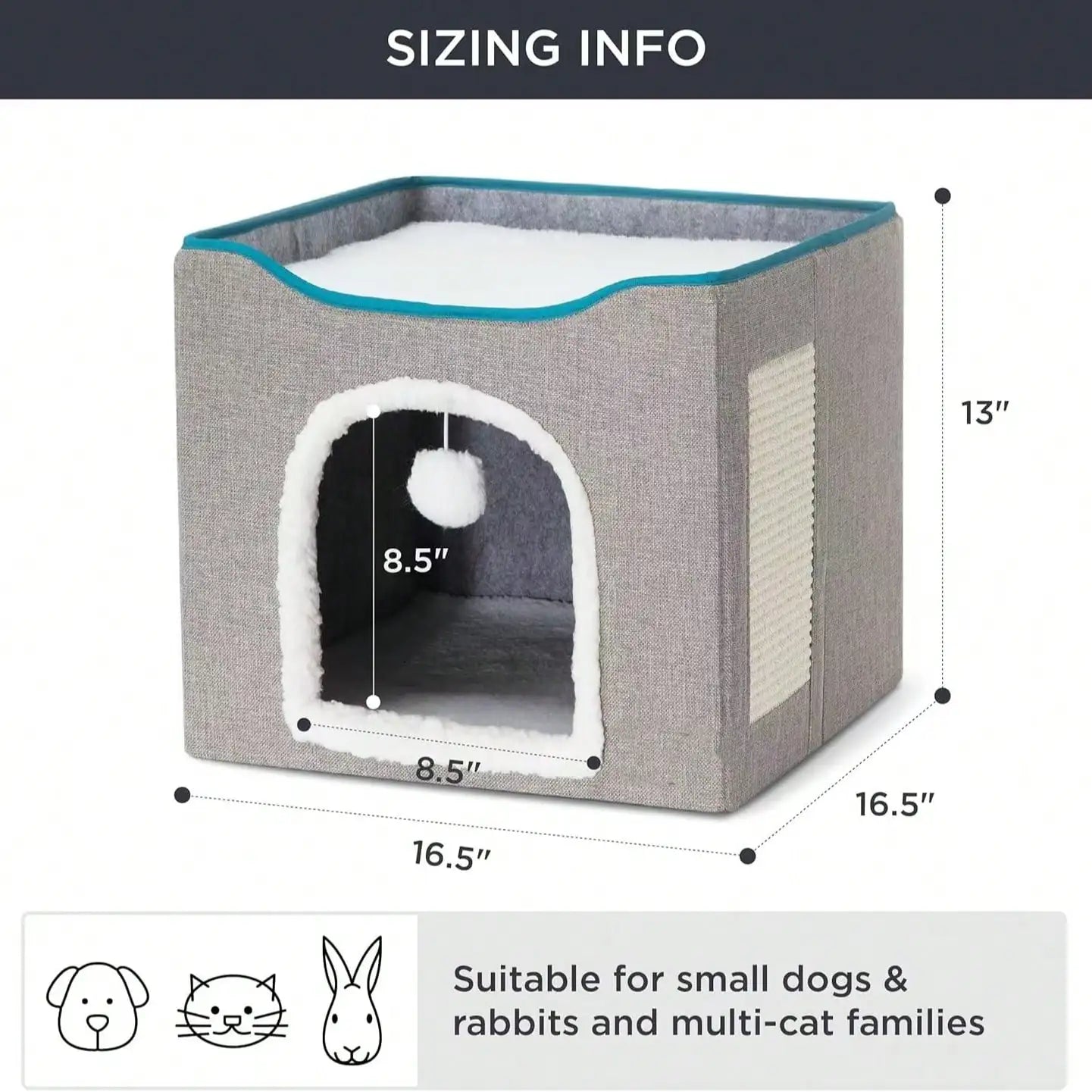 Large Foldable Cat Cave House Bed For Indoor Cats Dual Layer Cat Hideaway With Hanging Fluffy Pom Pom Toy & Built-In Sisal Scratch Pad Soft Cozy Pet Cat Nest 16.5×16.5×13 Inches Grey