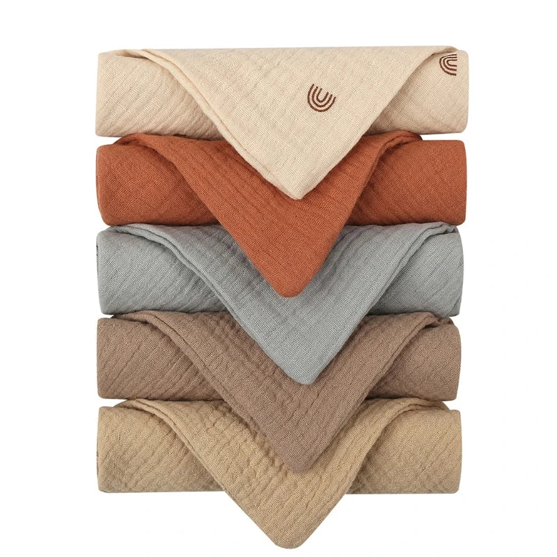 Set of 5 I YAN cotton baby face towels with soft, absorbent gauze fabric, includes handkerchiefs, bibs, burp cloths, and washcloths.