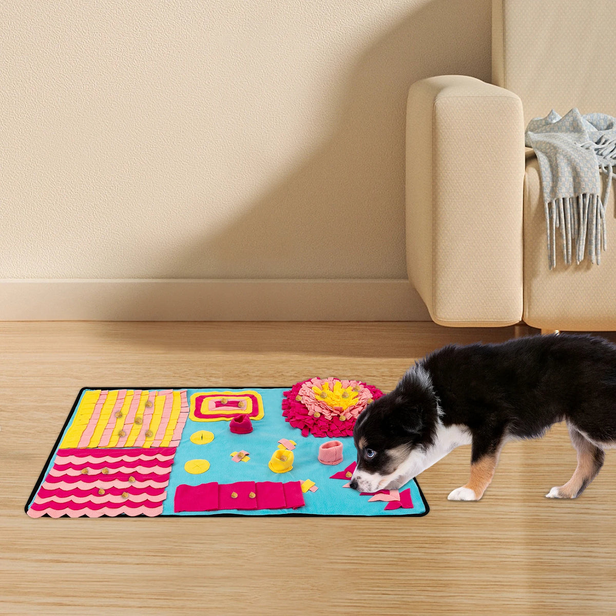 Large I YAN fleece dog snuffle mat with colorful fabric strips, 70x105cm interactive puzzle for slow feeding and mental stimulation.