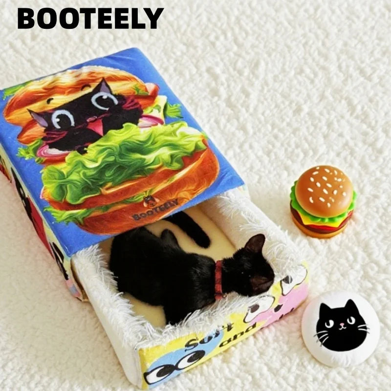 I YAN BOOTEELY cartoon hamburger black cat plush snack box bed, cozy pet nest with cute design for comfortable cat rest.