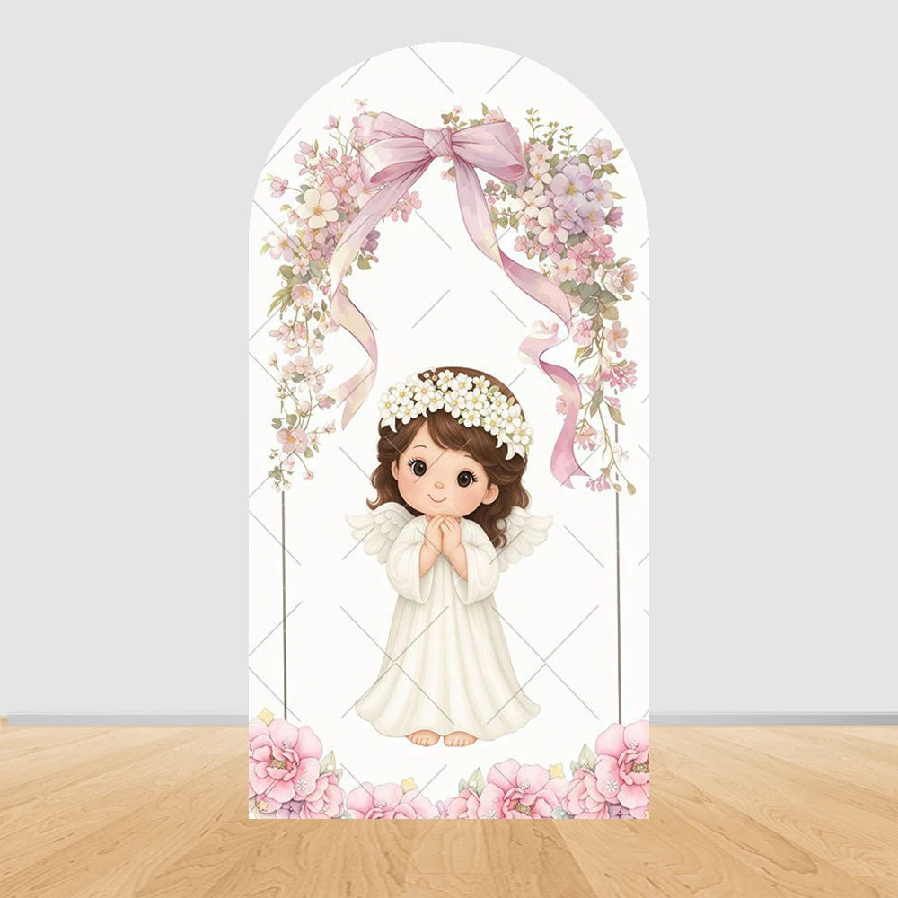 My First Communion Arch Backdrops Cover Flowers God Bless Holy Cross Dove Girl Boy Baptism Baby Shower Decor Arched Background