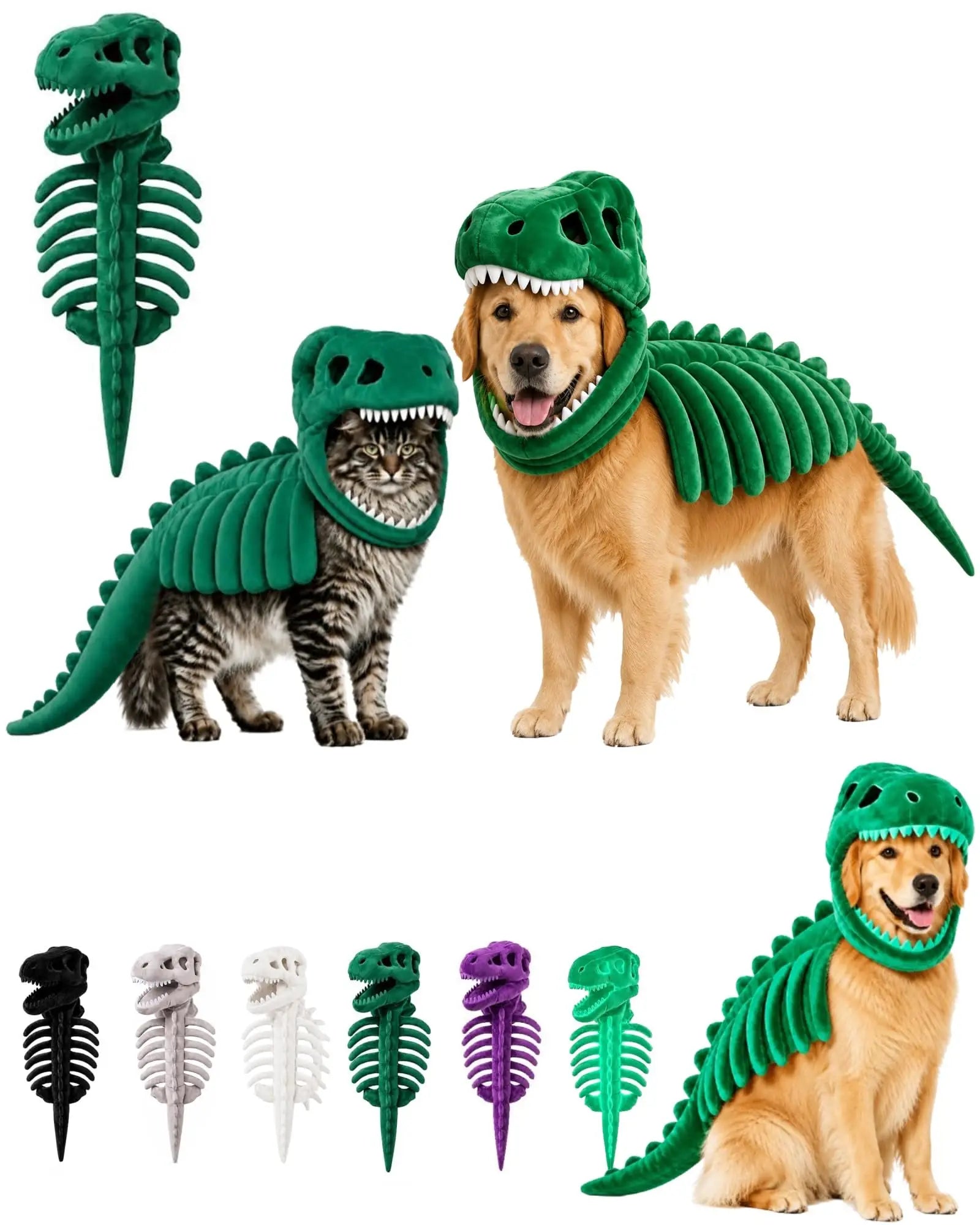 3D plush T-Rex dinosaur pet costume for cats and dogs, featuring vibrant colors and detailed dinosaur design from I YAN.