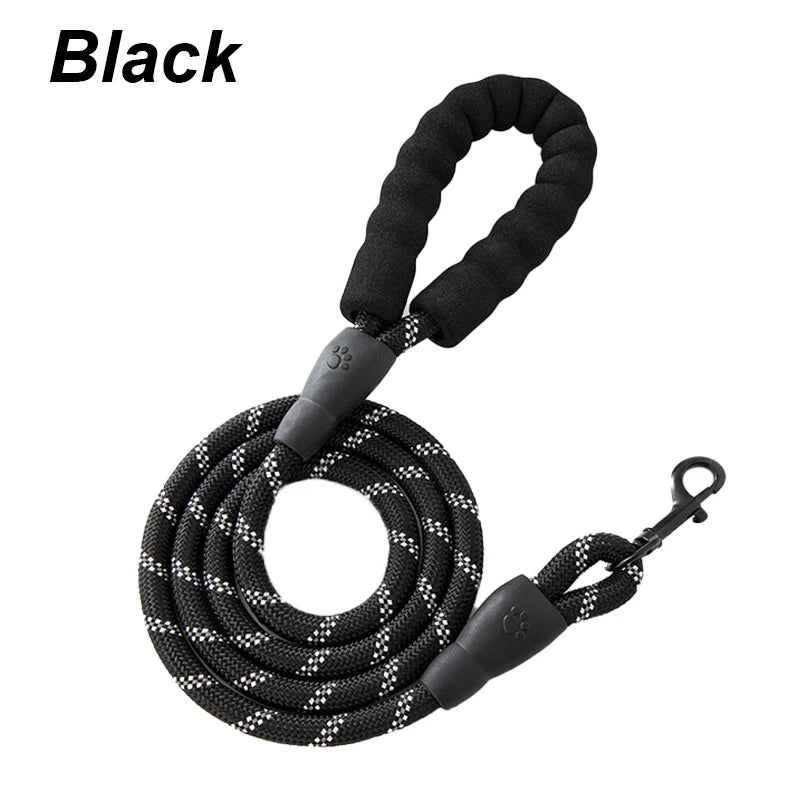 Reflective nylon pet leash with foam handle, adjustable for large, medium, and small dogs, suitable for outdoor walks.