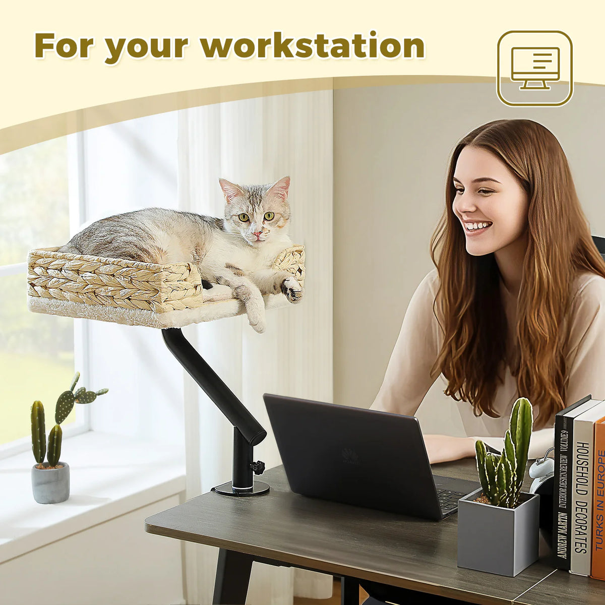 Soft I YAN cat desk bed on a table, featuring a 360° rotatable stand and adjustable hammock for indoor cats.