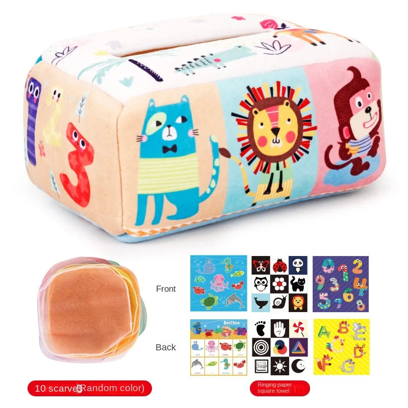 Baby Montessori Magic Tissue Box by I YAN, sensory learning toy for fine motor skills with colorful tissue paper and engaging design.