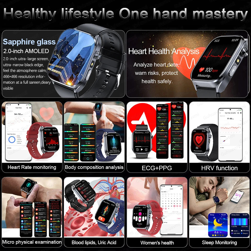 2025Nursing Level Uric Acid Blood lipids Smart Watch Men Blood Pressure ECG+PPG Clock Body Analysis Voice Call Health Smartwatch