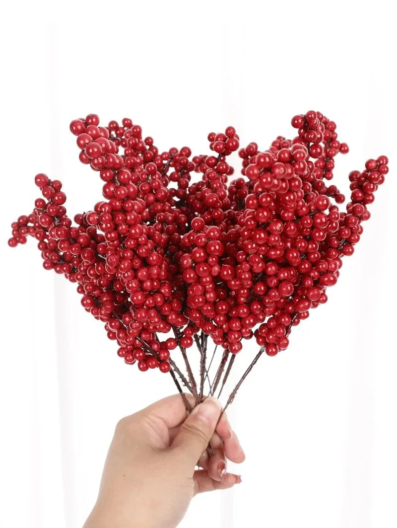 1/60PCS Christmas Red Berries Branch Artificial Holly Berry Stamen Flowers Wreath for Tree Ornaments New Year Party Home Decor
