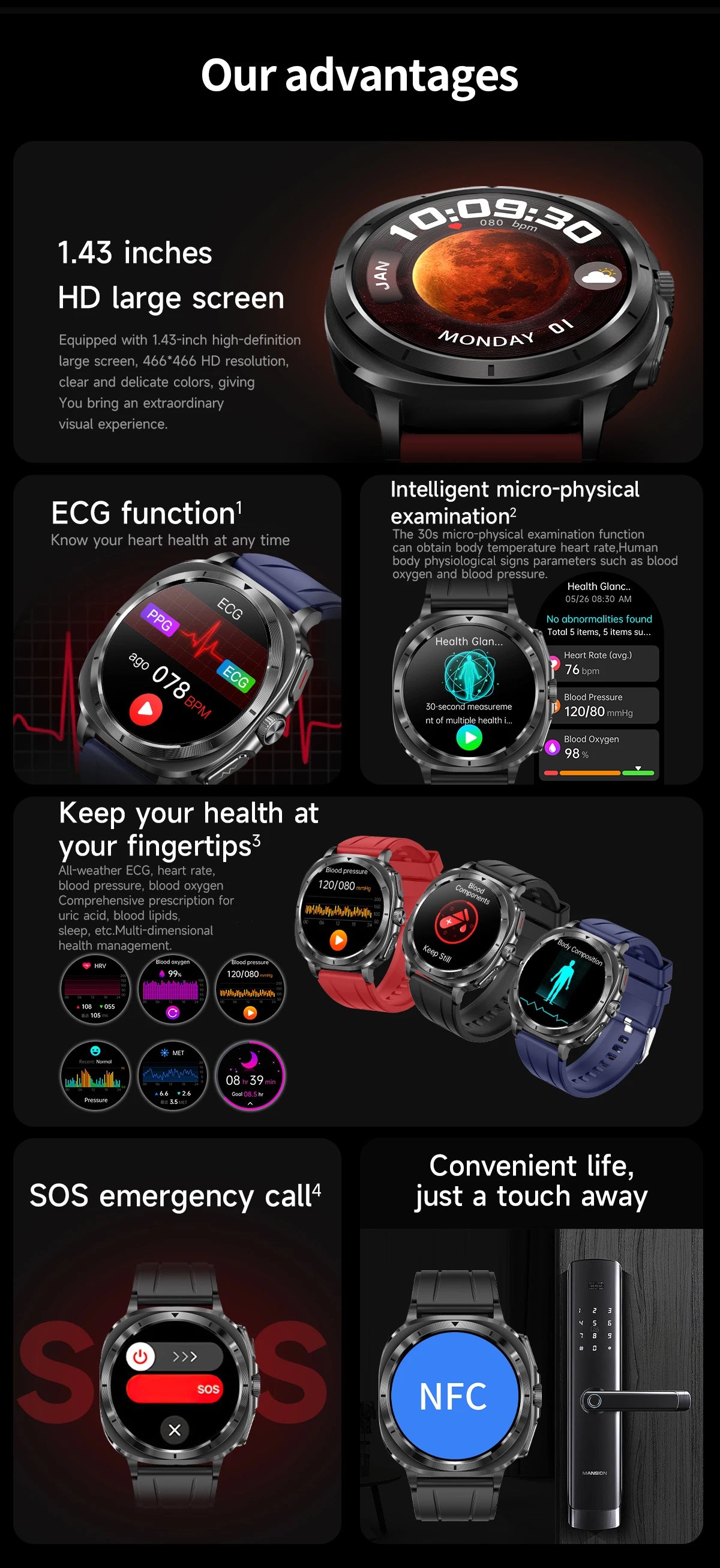 New Health Watch Uric Acid Blood Pressure Blood oxygen Body Analysis Body Fat SmartWatch ECG+PPG Bluetooth call Clock Women Men