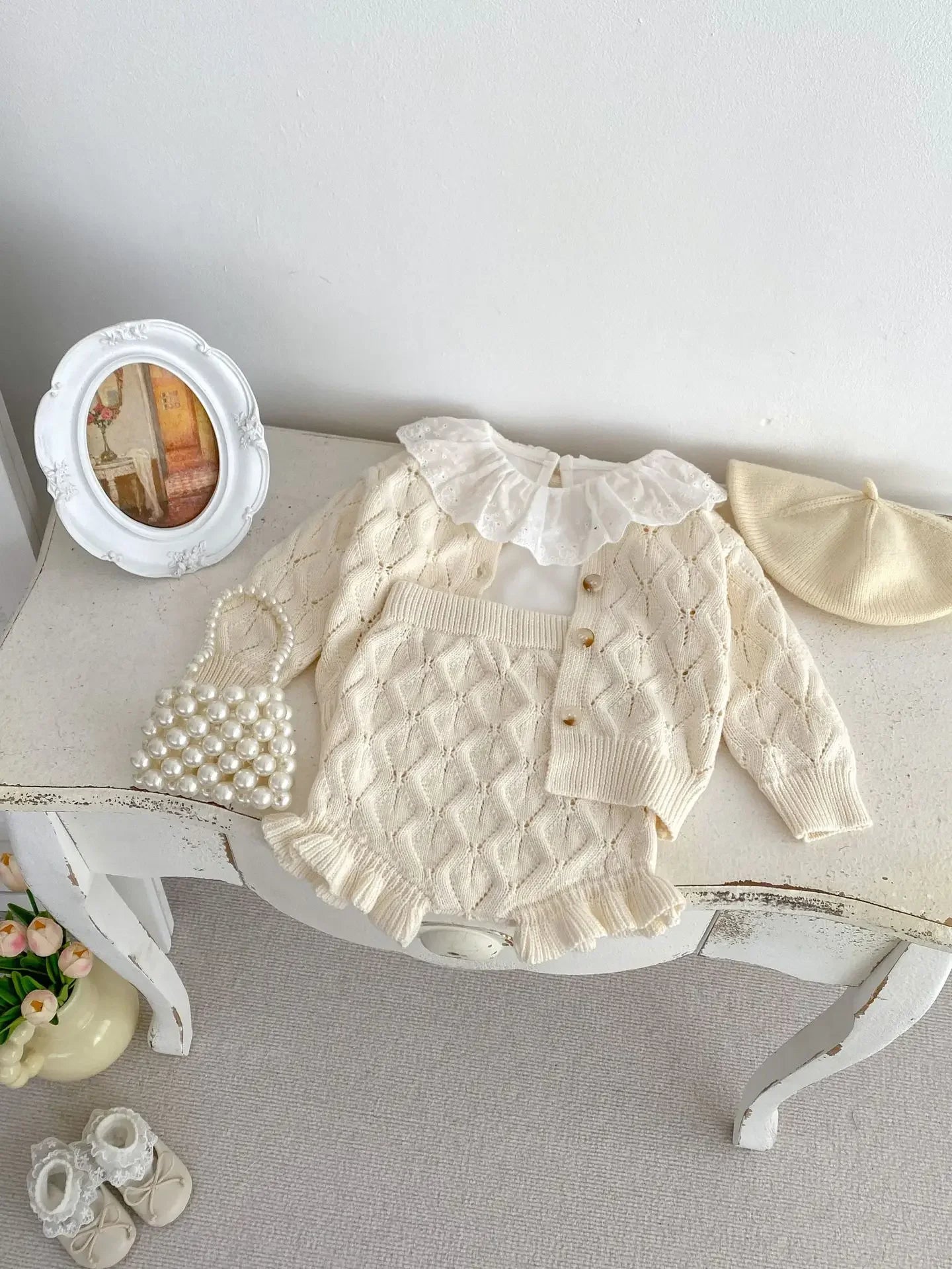 Baby Girl Knit Cardigan & Shorts Set – Hollow-Out Sweater 2-Piece Outfit - I YAN