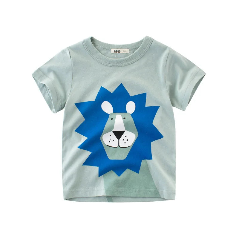 Bright blue boys' T-shirt by I YAN featuring a colorful printed cartoon design for ages 2-8 years, short sleeve toddler top.
