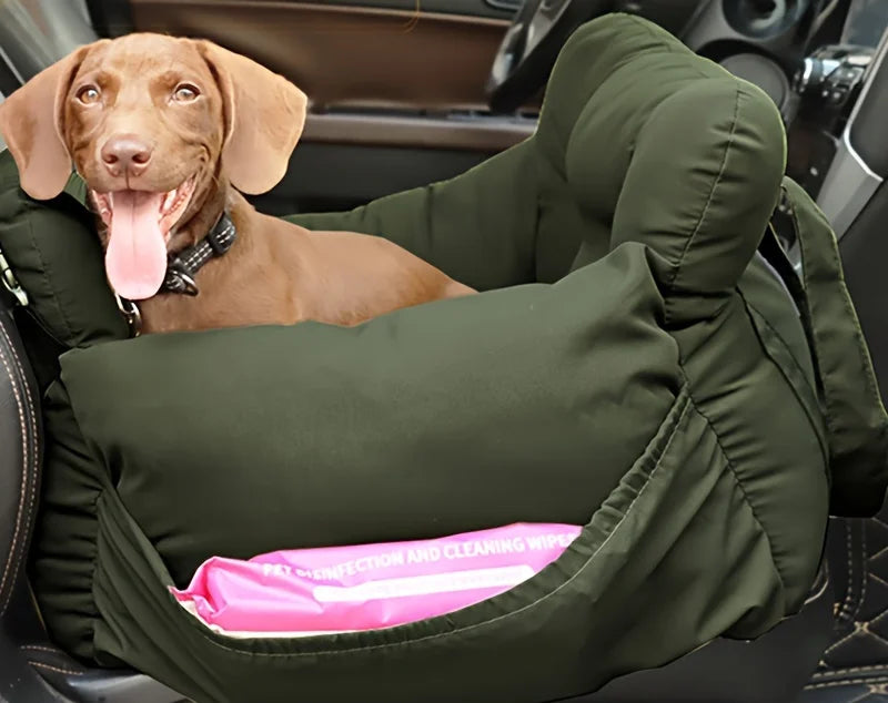 Dog car seat with safety belt by I YAN, non-slip travel carrier for small dogs, shown with padded interior and secure straps.