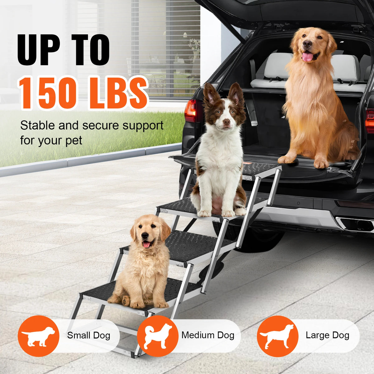 I YAN SucceBuy dog car stairs, lightweight aluminum folding pet steps for SUVs and trucks, supports up to 150 lbs, portable and wide.